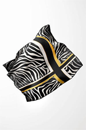 Twill Zebra Desenli Siyah - Sarı Renkli 90x90 Eşarp (İpek İçermez) Dikim Şekli : El Dikişi