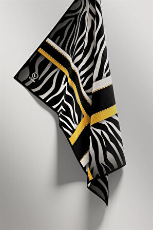 Twill Zebra Desenli Siyah - Sarı Renkli 90x90 Eşarp (İpek İçermez) Dikim Şekli : El Dikişi