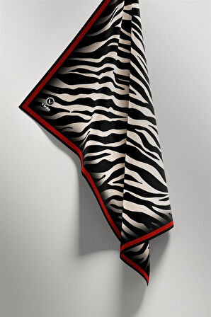 Twill Zebra Desenli Kırmızı Renkli 90x90 Eşarp (İpek İçermez) Dikim Şekli : El Dikişi