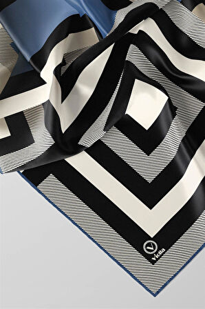 Twill Geometrik Desenli İndigo Renkli 90x90 Eşarp (İpek İçermez) Dikim Şekli : El Dikişi