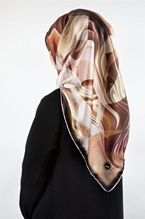 Twill Soyut Dalga Desenli Hardal Renkli 90x90 Eşarp (İpek İçermez) Dikim Şekli : El Dikişi