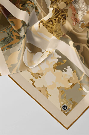 Twill Etnil ve Batik Desenli Hardal Renkli 90x90 Eşarp (İpek İçermez) Dikim Şekli : El Dikişi