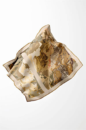 Twill Etnil ve Batik Desenli Hardal Renkli 90x90 Eşarp (İpek İçermez) Dikim Şekli : El Dikişi