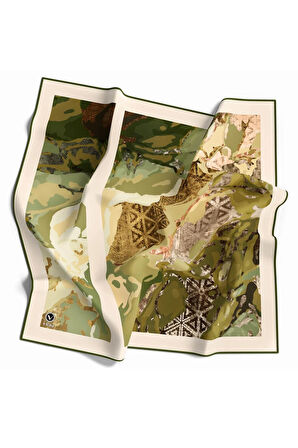 Twill Etnik ve Batik Desenli Haki Renkli 90x90 Eşarp (İpek İçermez) Dikim Şekli : El Dikişi