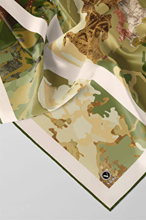 Twill Etnik ve Batik Desenli Haki Renkli 90x90 Eşarp (İpek İçermez) Dikim Şekli : El Dikişi