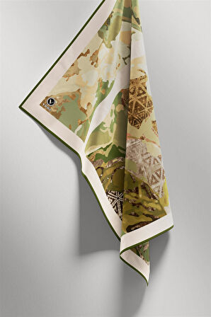 Twill Etnik ve Batik Desenli Haki Renkli 90x90 Eşarp (İpek İçermez) Dikim Şekli : El Dikişi