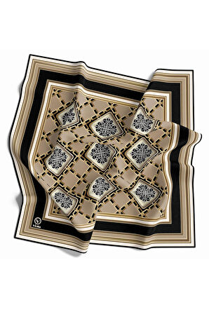Twill Geometrik Ve Zincirli Desenli Bej Renkli 90x90 Eşarp (İpek İçermez) Dikim Şekli : El Dikişi