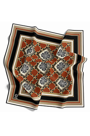 Twill Geometrik Ve Zincirli Desenli Taba Renkli 90x90 Eşarp (İpek İçermez) Dikim Şekli : El Dikişi