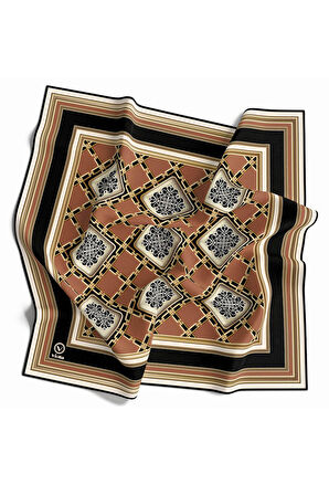 Twill Geometrik Ve Zincirli Desenli Bakır Renkli 90x90 Eşarp (İpek İçermez) Dikim Şekli : El Dikişi