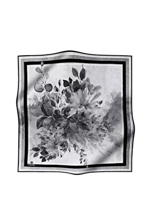 %100 Twill İpek Bahar Çiçekleri Desenli Siyah - Beyaz Renkli 90x90 Eşarp Dikim Şekli : El Dikişi