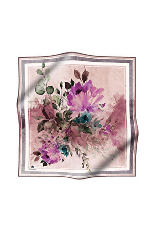 %100 Twill İpek Bahar Çiçekleri Desenli Fuşya - Petrol Mavisi Renkli 90x90 Eşarp Dikim Şekli : El Dikişi