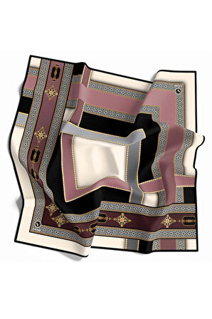 Twill Gold Detaylı ve Antik Motif Desenli Pudra Renkli 90x90 Eşarp (İpek İçermez) Kenar Dikiş Şekli El Dikişli