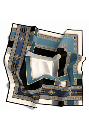 Twill Gold Detaylı ve Antik Motif Desenli İndigo Renkli 90x90 Eşarp (İpek İçermez) Kenar Dikiş Şekli El Dikişli