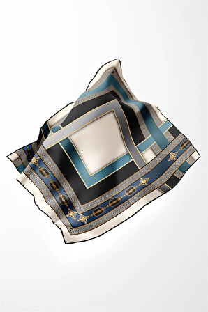 Twill Gold Detaylı ve Antik Motif Desenli İndigo Renkli 90x90 Eşarp (İpek İçermez) Kenar Dikiş Şekli El Dikişli