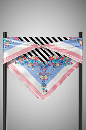 %100 Twill İpek Çıtır Çiçekli Ve Çizgi Desenli Pudra - Bebe Mavisi Renkli 90x90 Eşarp Dikim Şekli : El Dikişi