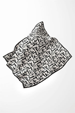 Twill Geometrik Desenli Siyah - Krem Renkli 90x90 Eşarp (İpek İçermez) Dikim Şekli : El Dikişi