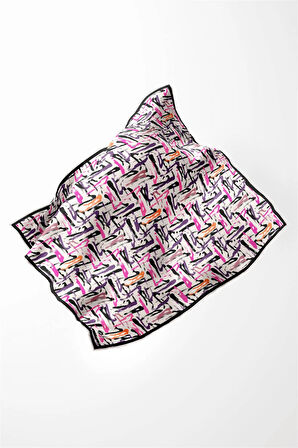 Twill Geometrik Desenli Beyaz - Mor Renkli 90x90 Eşarp (İpek İçermez) Dikim Şekli : El Dikişi