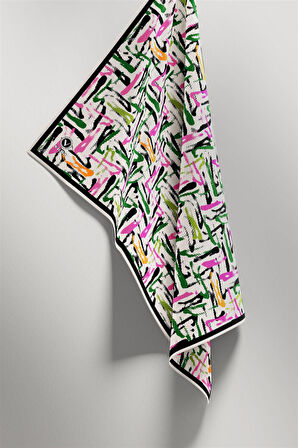 Twill Geometrik Desenli Pembe - Zümrüt Yeşili Renkli 90x90 Eşarp (İpek İçermez) Dikim Şekli : El Dikişi