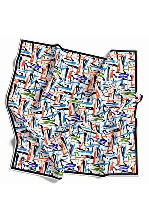 Twill Geometrik Desenli Bebe Mavisi - Turuncu Renkli 90x90 Eşarp (İpek İçermez) Dikim Şekli : El Dikişi