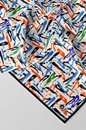 Twill Geometrik Desenli Bebe Mavisi - Turuncu Renkli 90x90 Eşarp (İpek İçermez) Dikim Şekli : El Dikişi