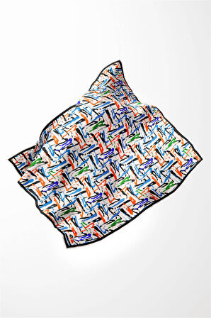 Twill Geometrik Desenli Bebe Mavisi - Turuncu Renkli 90x90 Eşarp (İpek İçermez) Dikim Şekli : El Dikişi