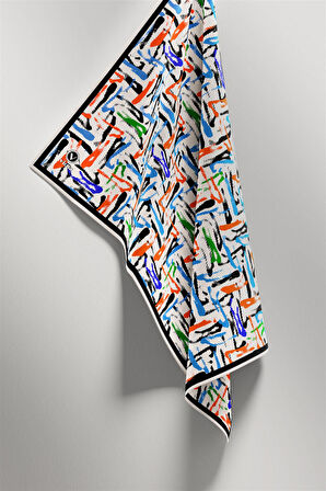 Twill Geometrik Desenli Bebe Mavisi - Turuncu Renkli 90x90 Eşarp (İpek İçermez) Dikim Şekli : El Dikişi