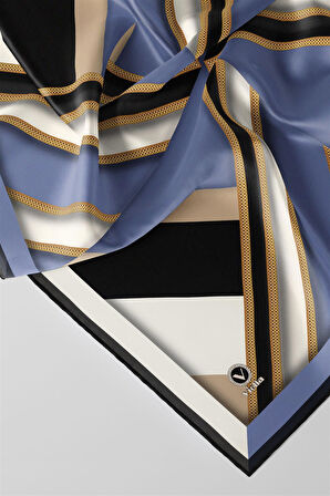 Twill Geometrik Desenli İndigo Renkli 90x90 Eşarp (İpek İçermez) Dikim Şekli : El Dikişi