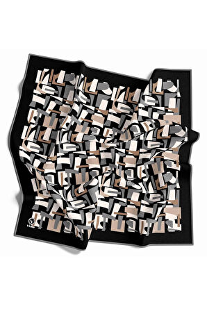 Twill Geometrik Desenli Bej - Gri Renkli 90x90 Eşarp (İpek İçermez) Dikim Şekli : El Dikişi