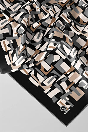 Twill Geometrik Desenli Bej - Gri Renkli 90x90 Eşarp (İpek İçermez) Dikim Şekli : El Dikişi