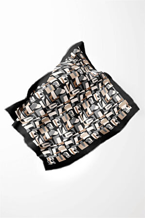 Twill Geometrik Desenli Bej - Gri Renkli 90x90 Eşarp (İpek İçermez) Dikim Şekli : El Dikişi