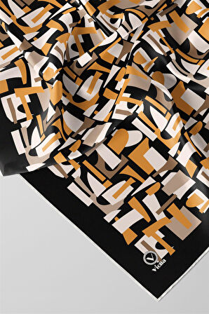 Twill Geometrik Desenli Hardal - Bej Renkli 90x90 Eşarp (İpek İçermez) Dikim Şekli : El Dikişi