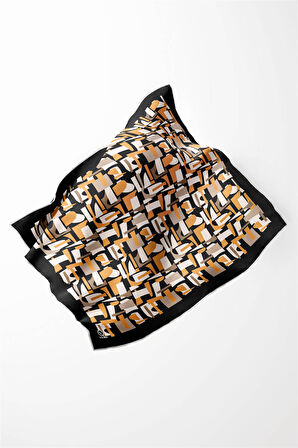 Twill Geometrik Desenli Hardal - Bej Renkli 90x90 Eşarp (İpek İçermez) Dikim Şekli : El Dikişi