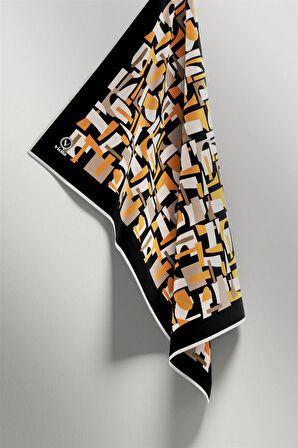 Twill Geometrik Desenli Hardal - Bej Renkli 90x90 Eşarp (İpek İçermez) Dikim Şekli : El Dikişi