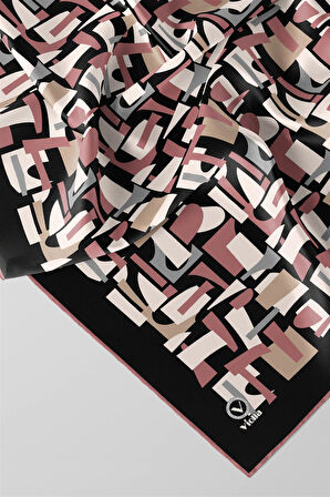 Twill Geometrik Desenli Pudra - Gri Renkli 90x90 Eşarp (İpek İçermez) Dikim Şekli : El Dikişi