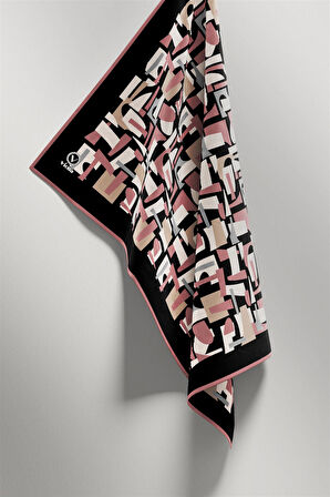 Twill Geometrik Desenli Pudra - Gri Renkli 90x90 Eşarp (İpek İçermez) Dikim Şekli : El Dikişi