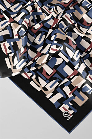 Twill Geometrik Desenli İndigo - Gül Kurusu Renkli 90x90 Eşarp (İpek İçermez) Dikim Şekli : El Dikişi