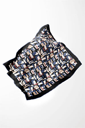 Twill Geometrik Desenli İndigo - Gül Kurusu Renkli 90x90 Eşarp (İpek İçermez) Dikim Şekli : El Dikişi