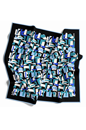 Twill Geometrik Desenli Saks - Bebe Mavisi Renkli 90x90 Eşarp (İpek İçermez) Dikim Şekli : El Dikişi