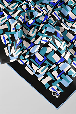 Twill Geometrik Desenli Saks - Bebe Mavisi Renkli 90x90 Eşarp (İpek İçermez) Dikim Şekli : El Dikişi