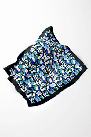 Twill Geometrik Desenli Saks - Bebe Mavisi Renkli 90x90 Eşarp (İpek İçermez) Dikim Şekli : El Dikişi