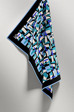 Twill Geometrik Desenli Saks - Bebe Mavisi Renkli 90x90 Eşarp (İpek İçermez) Dikim Şekli : El Dikişi