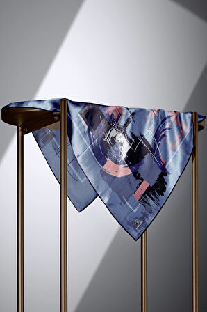 %100 Twill İpek Geometrik Desenli İndigo - Gül Kurusu Renkli 90x90 Eşarp Dikim Şekli : El Dikişi