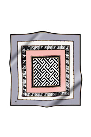 %100 Twill İpek Labirent Ve Geometrik Desenli Gri - Pudra Renkli 90x90 Eşarp Dikim Şekli : El Dikişi
