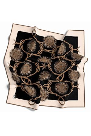 Twill Kemerli Ve Geometrik Desenli Bej Renkli 90x90 Eşarp (İpek İçermez) Kenar Dikiş Şekli El Dikişli