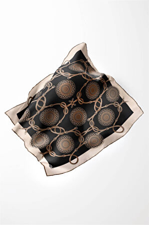 Twill Kemerli Ve Geometrik Desenli Bej Renkli 90x90 Eşarp (İpek İçermez) Kenar Dikiş Şekli El Dikişli