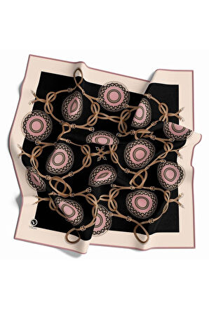 Twill Kemerli Ve Geometrik Desenli Pudra Renkli 90x90 Eşarp (İpek İçermez) Kenar Dikiş Şekli El Dikişli