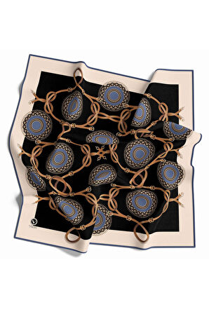 Twill Kemerli Ve Geometrik Desenli İndigo Renkli 90x90 Eşarp (İpek İçermez) Kenar Dikiş Şekli El Dikişli