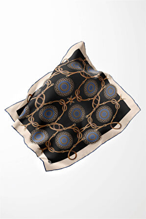Twill Kemerli Ve Geometrik Desenli İndigo Renkli 90x90 Eşarp (İpek İçermez) Kenar Dikiş Şekli El Dikişli