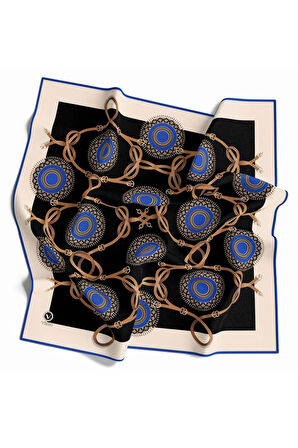 Twill Kemerli Ve Geometrik Desenli Saks Renkli 90x90 Eşarp (İpek İçermez) Kenar Dikiş Şekli El Dikişli