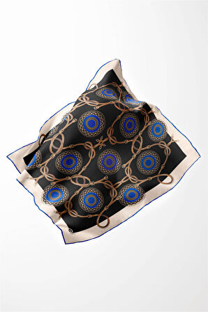 Twill Kemerli Ve Geometrik Desenli Saks Renkli 90x90 Eşarp (İpek İçermez) Kenar Dikiş Şekli El Dikişli